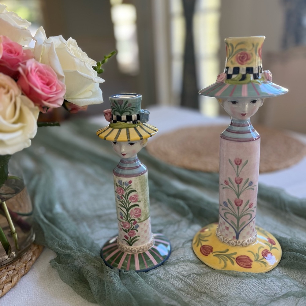 NIB Mackenzie-Childs Rosy Meadow candleholders, set of 2.